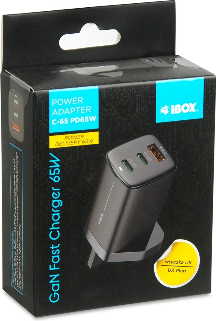 Universalni polnilec iBOX C-65, GaN 65 W, 3 USB vrata, britanski vtič, črn