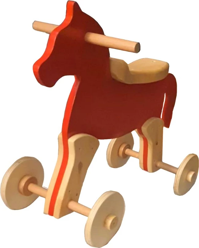 Lesena igrača konj na kolesih, Skye Decor, orehova in rdeča