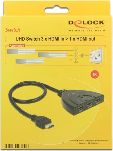 HDMI preklopnik, 3 vhodi, 1 izhod, 4K 60Hz, 0,5 m, črn, DeLOCK 18600