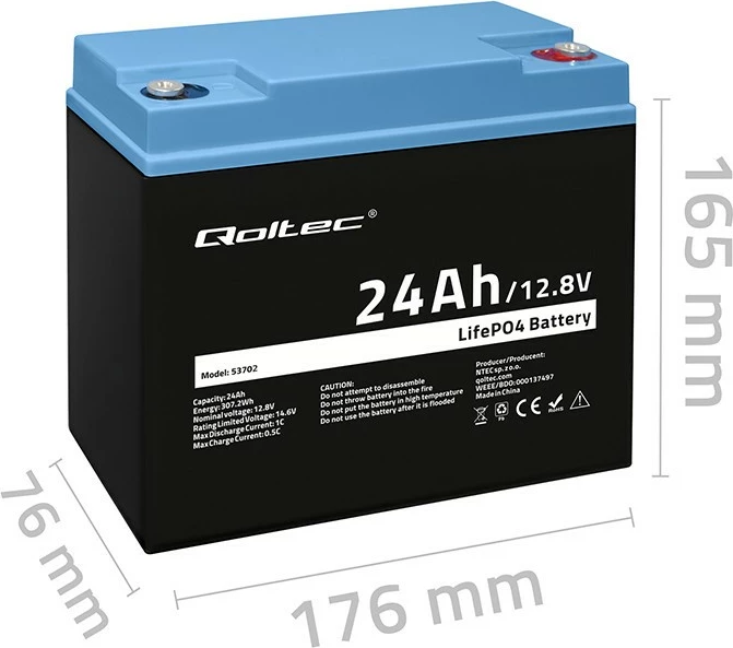 LiFePO4 baterija, 24Ah, 12,8V, Qoltec 53702, z BMS
