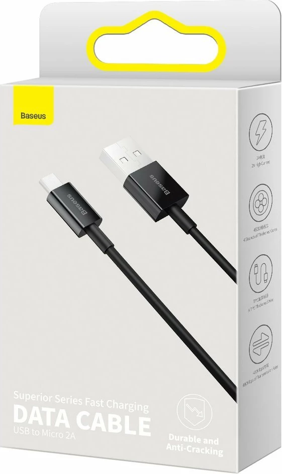 Kabel USB-A na micro USB, 1 m, 2A, črn - Baseus Superior CAMYS-01