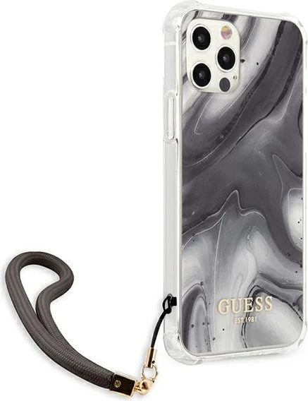 Ovitek Marble Collection za iPhone 12 Pro Max 6,7", Guess GUHCP12LKSMAGR, siva z vrvico
