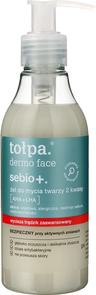 Čistilni gel za obraz za ženske, Dermo Face Sebio+ Tołpa, 2 kisini AHA + LHA, 195 ml