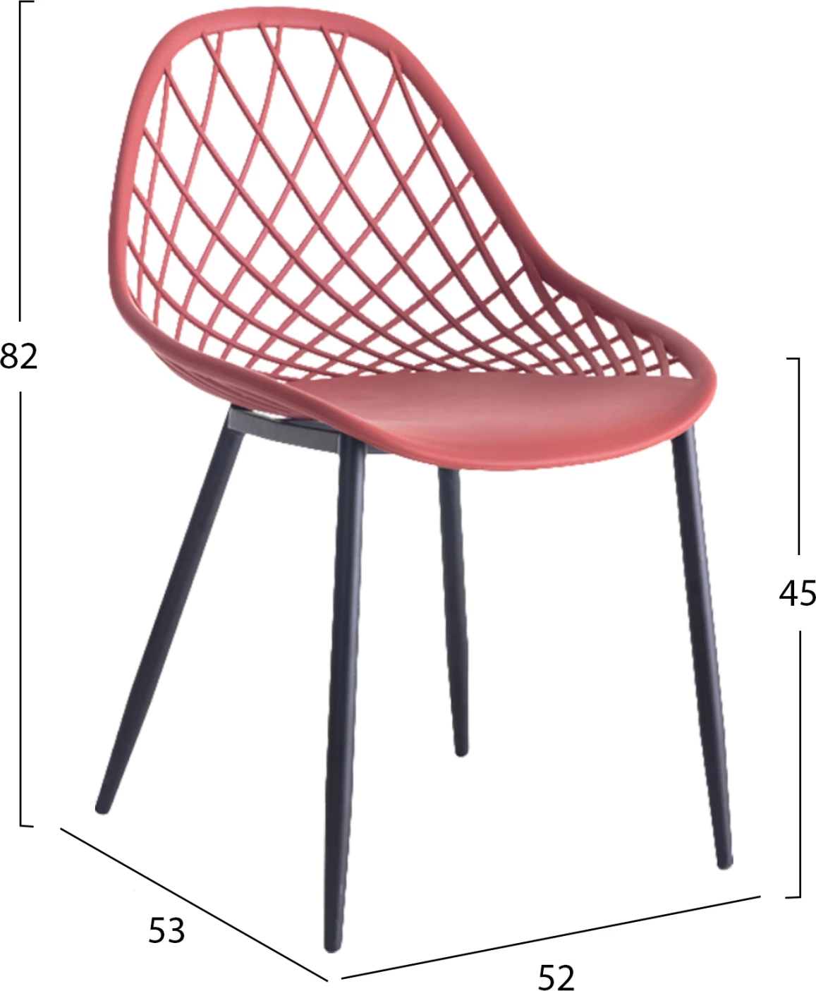 Stol iz polipropilena FH9524.06 v rdeči barvi s črnimi kovinskimi nogami 52x53x82Hcm, set 4 kosov