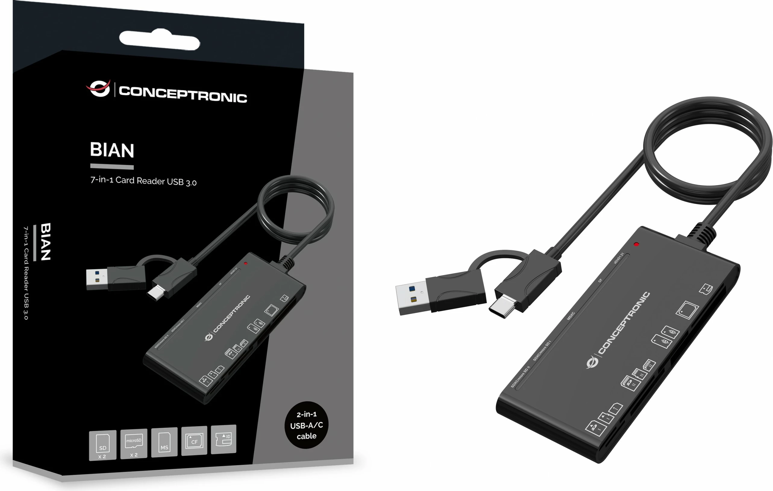 Bralnik kartic 7-v-1, USB-A/USB-C, črn Conceptronic