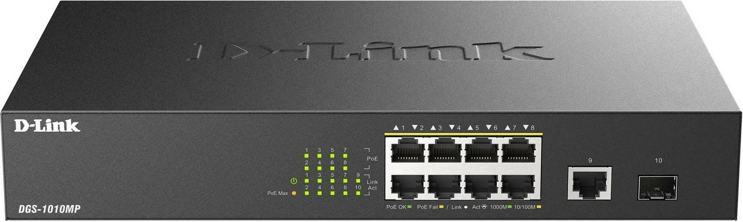 Stikalo z 9 Gigabit vrati, 8 PoE in 1 SFP, D-Link DGS-1010MP/E
