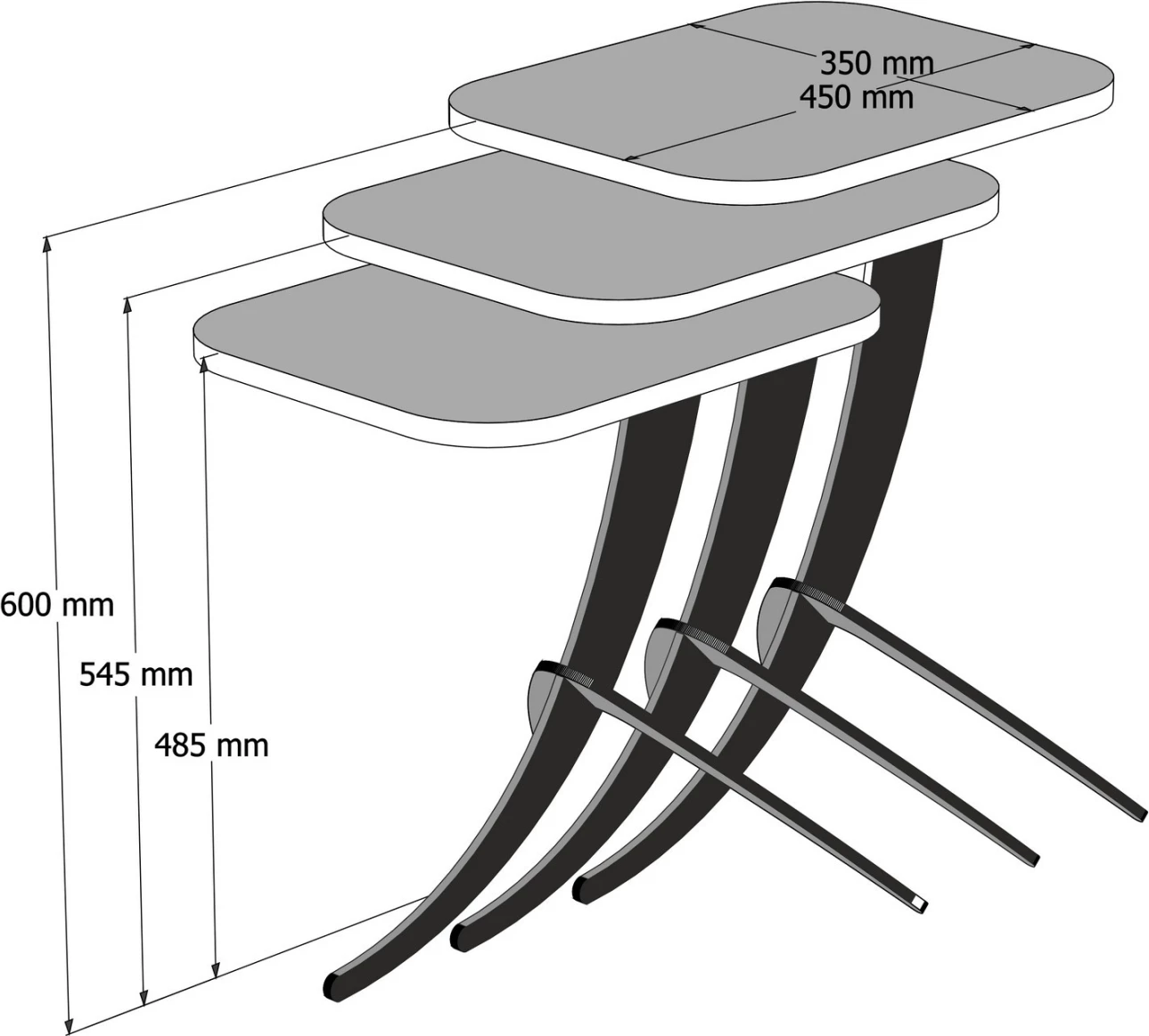 Pomožne mize 3 kosi FH9508.03 melamin v barvi oreha-črne kovinske noge 35x45x60H cm
