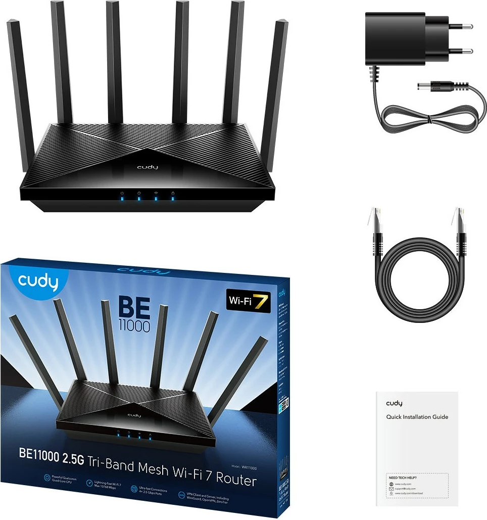 Tri-pasovni usmerjevalnik Wi‑Fi 7, 2,5G, 6 zunanjih anten, črn Cudy BE11000