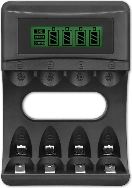 Polnilec baterij Qoltec 50654, Ni-MH/Ni-Cd, 4 mesta, z LCD zaslonom, črn