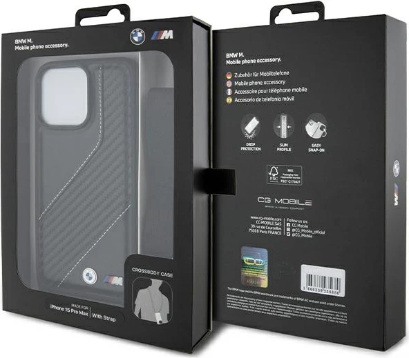 Ovitek za telefon BMW M Edition Carbon Stripe & Strap za iPhone 15 Pro, črn