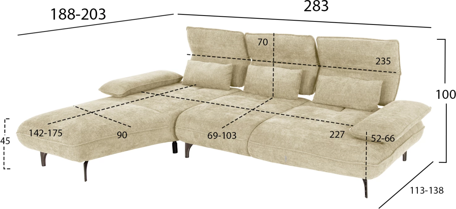 Kotna (leva) raztegljiva sedežna garnitura CONVERT FH3268.01L v ecru tkanini 283x188x100Hcm
