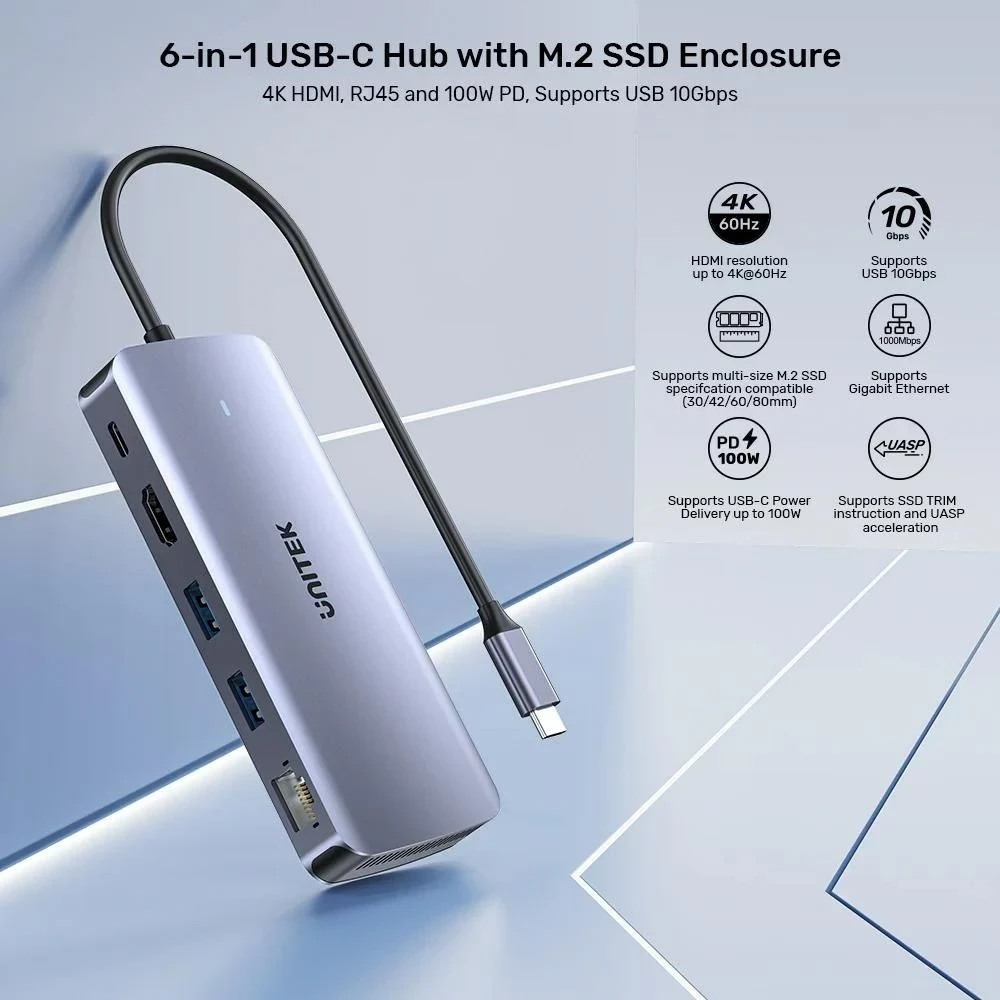 USB-C hub UNITEK Active, 10 Gbit/s, M.2, HDMI, Power Delivery 100 W, siv