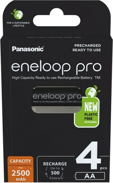 Polnilne baterije Panasonic Eneloop Pro AA 2500 mAh, 4 kosi, črne