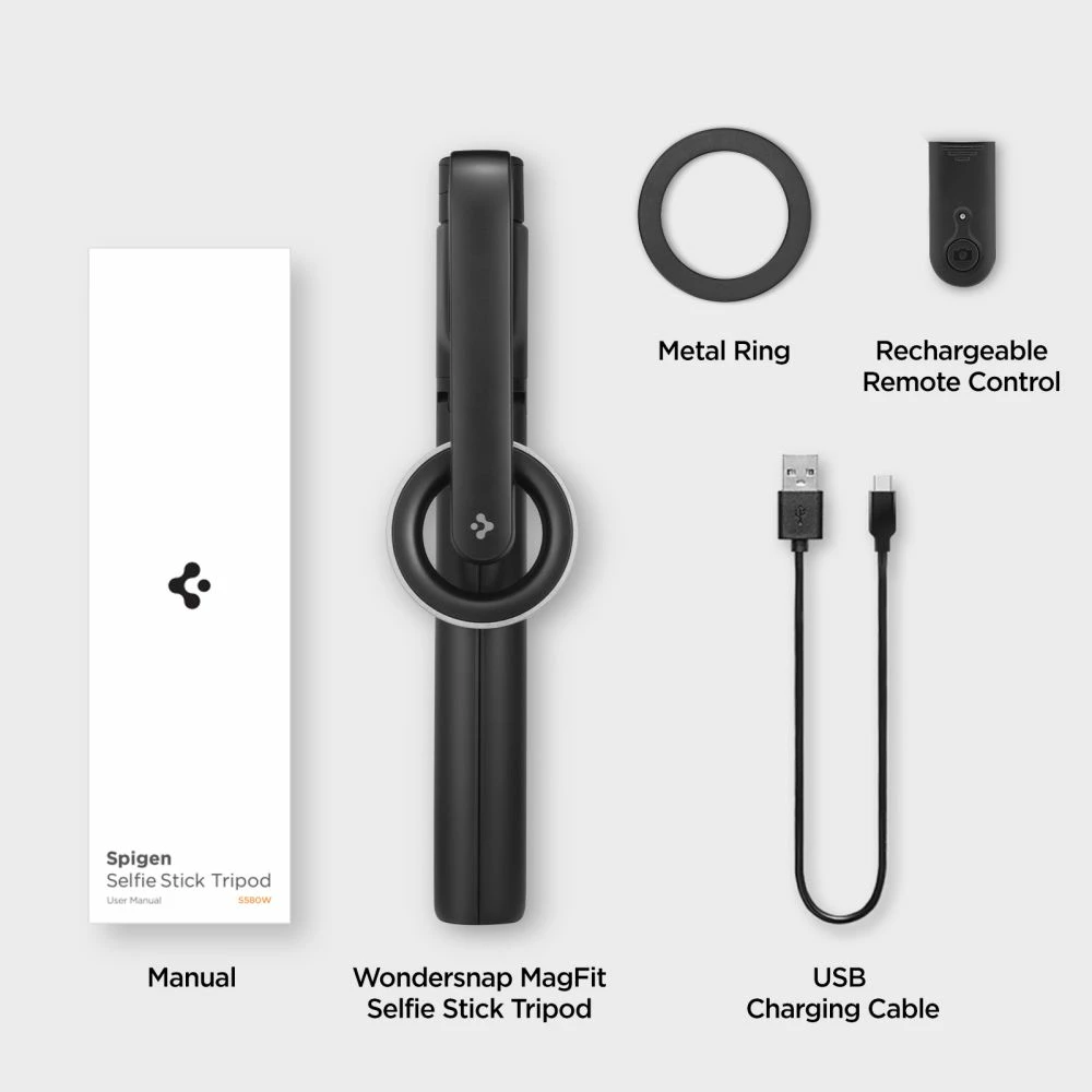 Selfie palica s MagSafe, Bluetooth, zložljiv tronožec Spigen S580W, črn