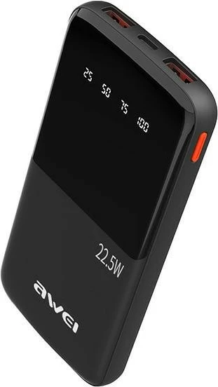Powerbank 10.000 mAh, 22,5 W, 2x USB-A + USB-C, črn AWEI P10K