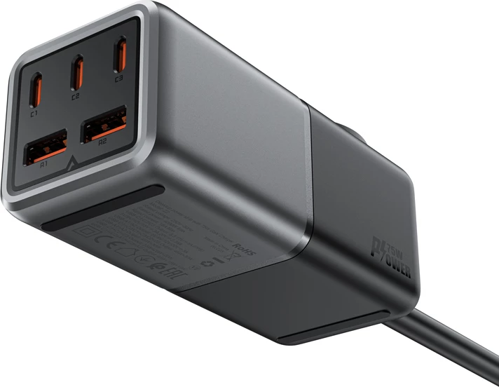 Namizni polnilec Acefast Z2 GaN, 75W, 3x USB-C, 2x USB-A, črn/siv