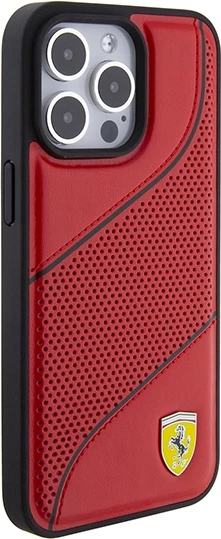 Ovitek Perforated Waves z metalnim logotipom Ferrari za iPhone 15 Pro, rdeč