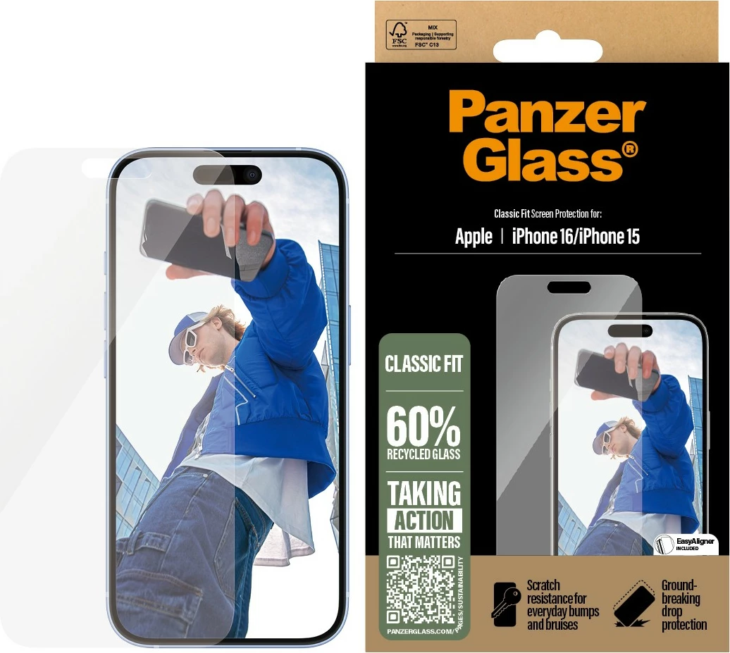 Mrežica za zaslon PanzerGlass za iPhone 16, Classic Fit, prozorna