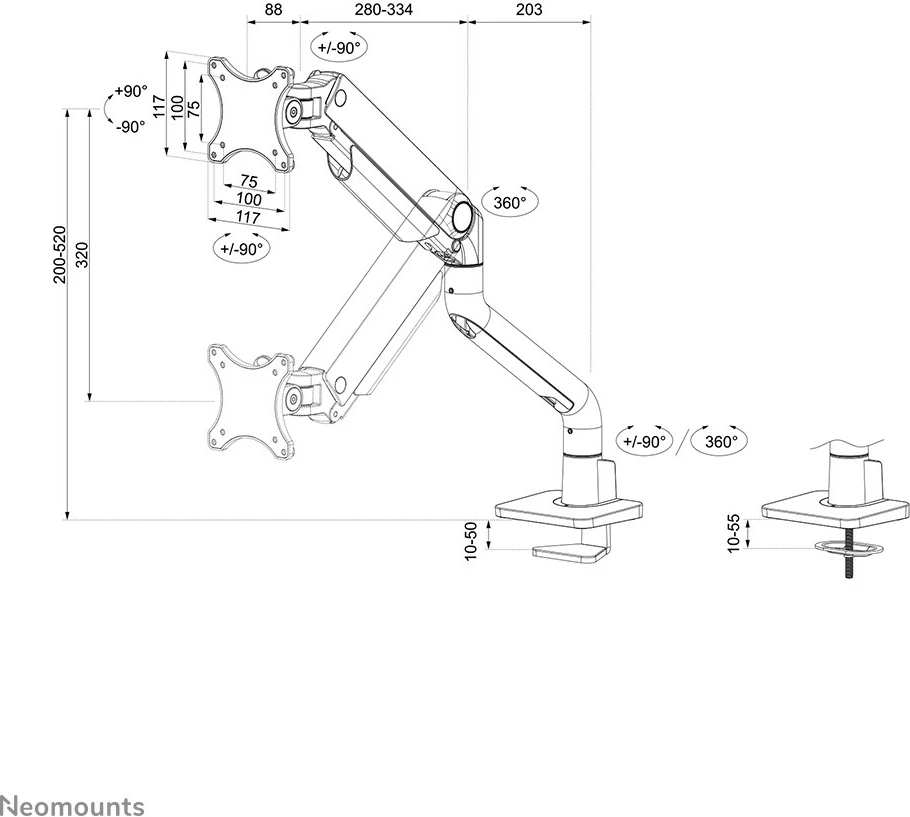 Krmilo za monitor Neomounts DS70S-950WH1, Clamp/Grommet, 18 kg, 43,2 cm (17"), 124,5 cm (49"), 100 x 100 mm, belo