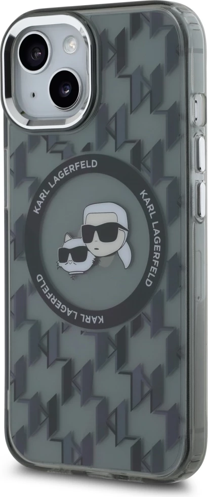 Ovitek Karl Lagerfeld IML Monogram Karl & Choupette Head MagSafe za iPhone 15 Plus, črn