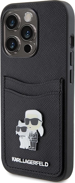 Ovitek z režo za kartice Karl Lagerfeld Saffiano, Karl&Choupette kovinska značka za iPhone 15 Pro, črn