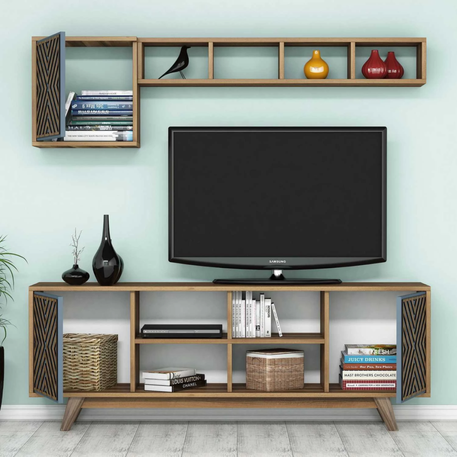 Komplet pohištva za TV FH9516.02 iz melamina v orehu in nebesno modri barvi 160x35x56.2Hcm