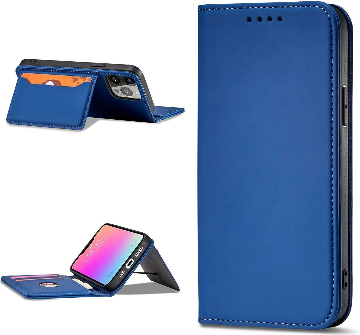 Ovitek za telefon Hurtel Magnet Card Case za iPhone 14, z ovitkom, žepi za kartice in držalom, moder