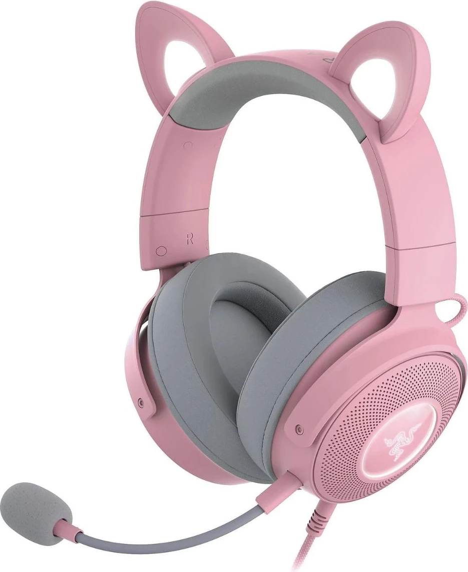 Slušalke gaming z mikrofonom, over-ear, z mačjimi ušesi, Razer Kraken Kitty V2 Pro RZ04-04510200-R3M1, roza