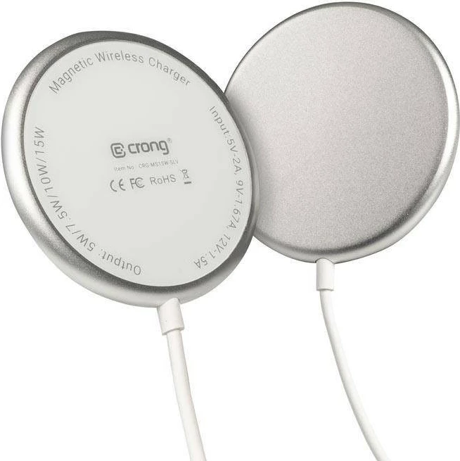 Brezžični polnilec CRONG MagSpot, 15W, MagSafe, USB-C, srebrn