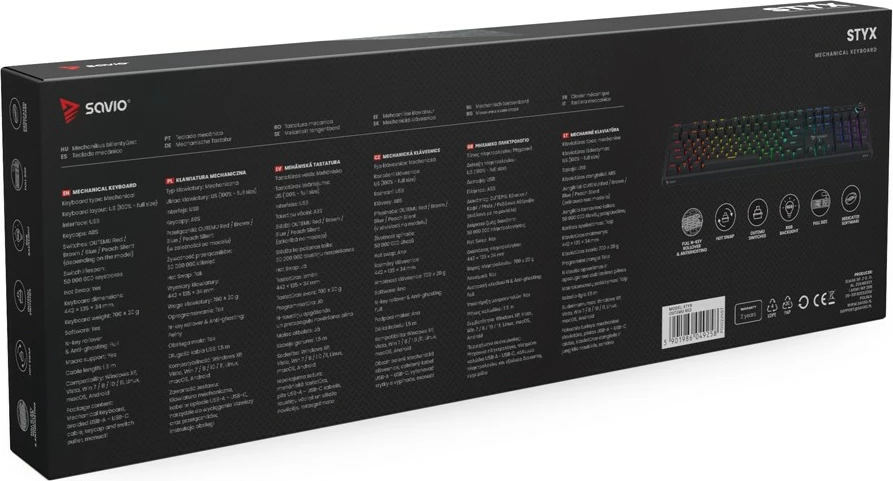 Mekanična tipkovnica Savio STYX RED, RGB, Hot Swap, s kablom, črna