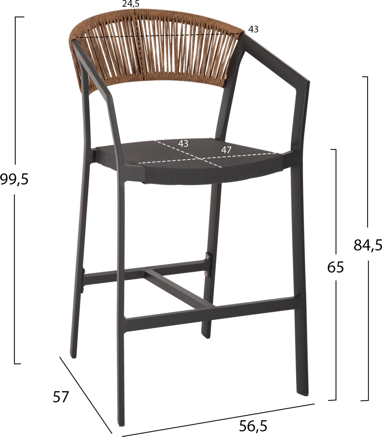 Barski stol iz aluminija v antracitni barvi FH5892.11 srednje višine z nasloni - ratan & tekstil 56,5x57x99,5Hcm