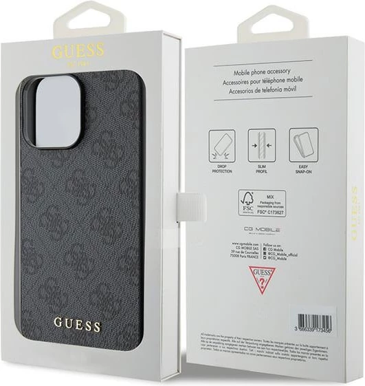 Ovitek za telefon z zlatim metalnim logotipom 4G Guess za iPhone 15 Pro Max, siv