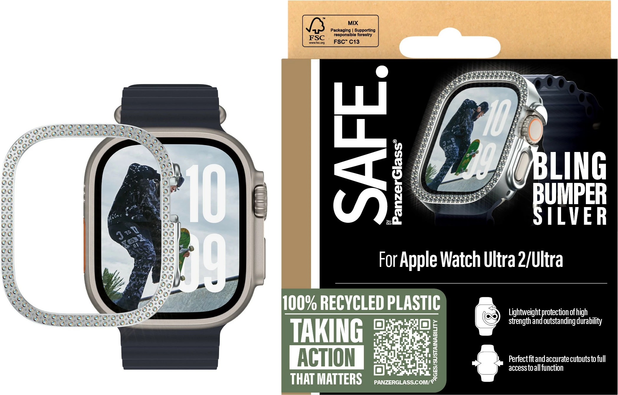 Zaščitni ovitek PanzerGlass SAFE Bling Bumper za Apple Watch Ultra 2, prozoren, srebrn