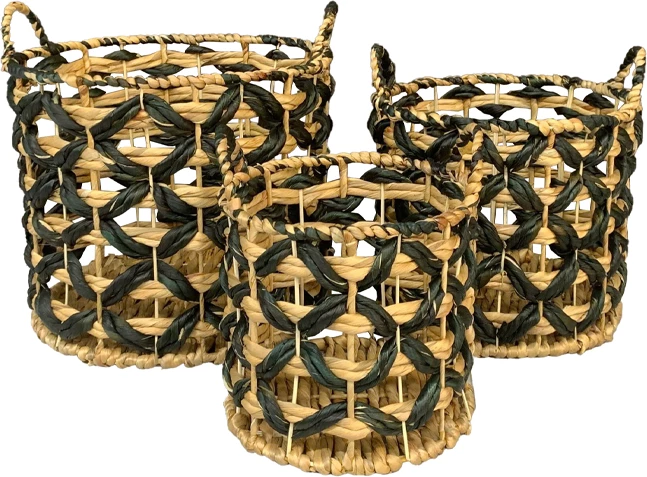 Set košar, 3 kosi, hiacint naraven, črn, 36x36x38 cm ROMVUS