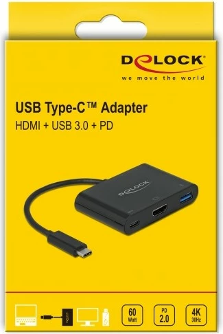 Večfunkcijski adapter USB-C na HDMI/USB-A/USB-C DeLOCK 64091, 60 W, črn