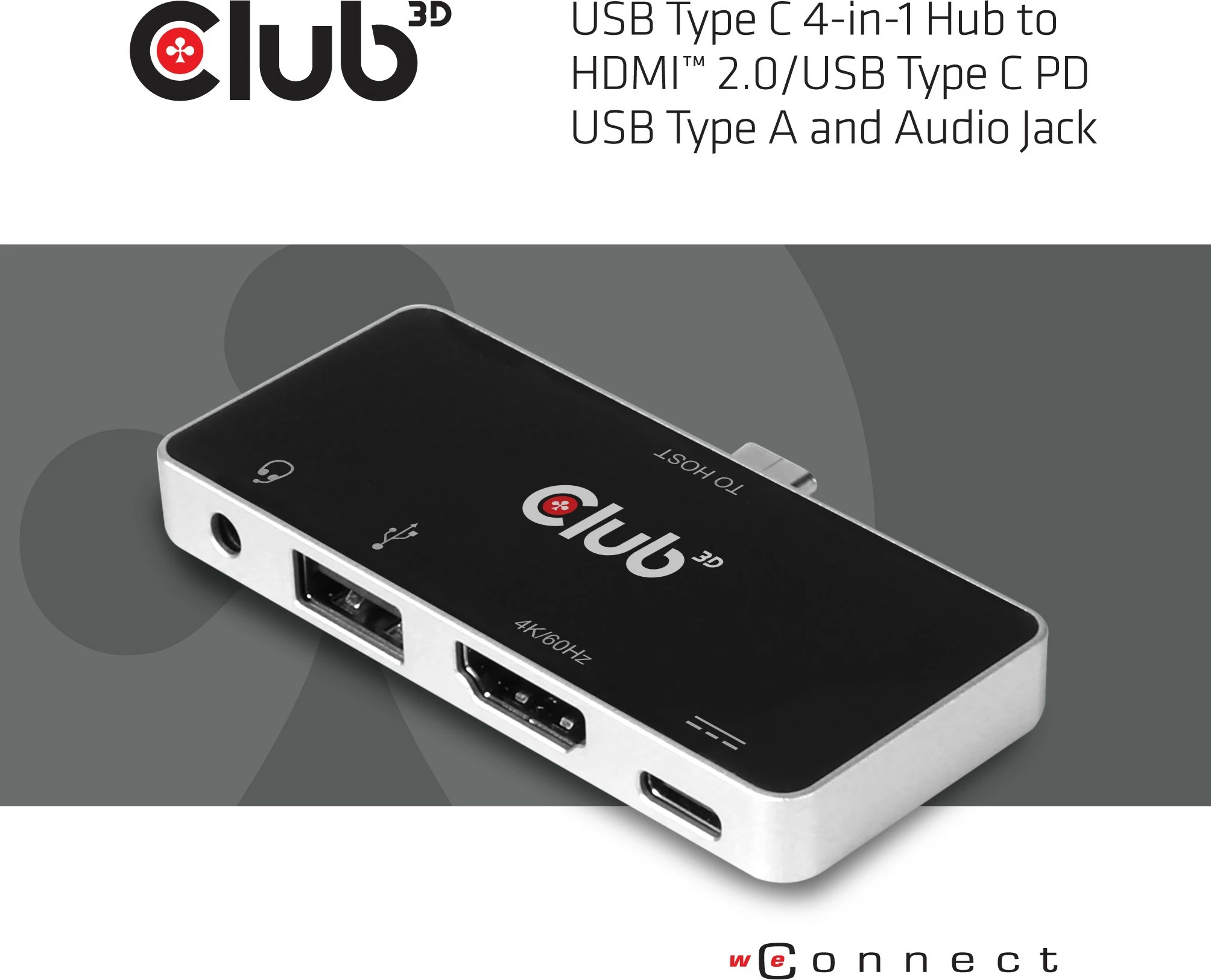 USB-C razširitveni HUB 4v1 Club3D, HDMI 4K60Hz, USB-A, USB-C, avdio, črn/krom