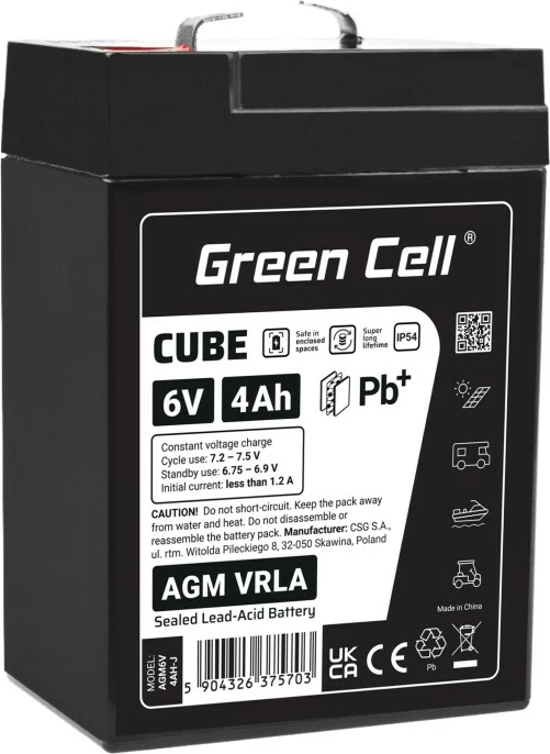 Baterija AGM VRLA, 6V 4Ah, IP54, 101 x 70 x 47 mm, črna, Green Cell AGM6V4AH-J