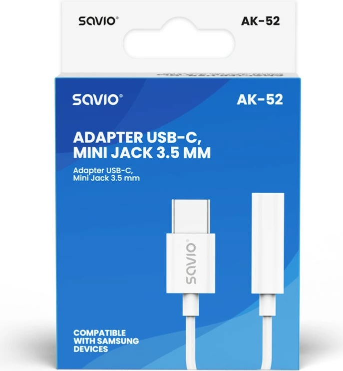 Adapter USB-C na mini jack 3,5 mm, Savio AK-52, bel