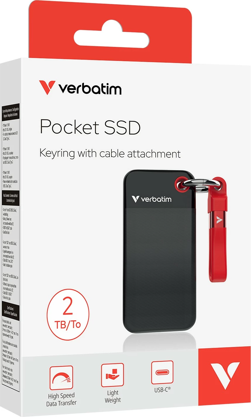Prenosni SSD Pocket 2TB, USB Type-C, 3.2 Gen 2, Verbatim, črno/rdeč