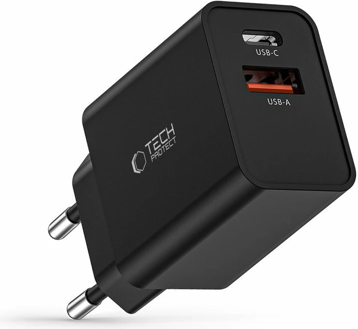 Stenski polnilec 30 W, 2 vrata USB-C/USB-A, črn Tech-Protect NC30W