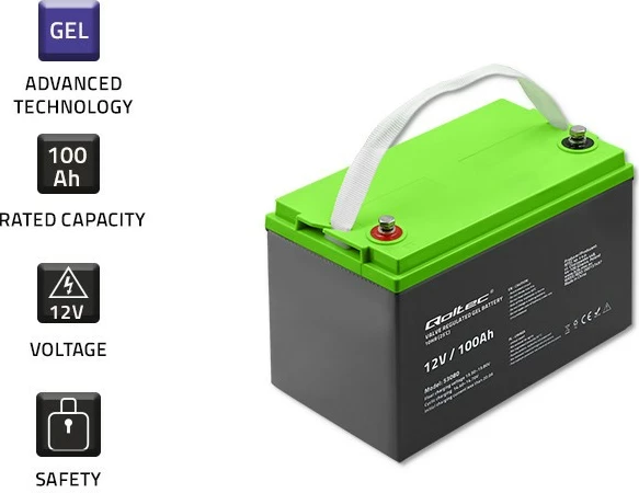 Gel baterija 100Ah 12V Qoltec, model 53080, črna z zelenim pokrovom