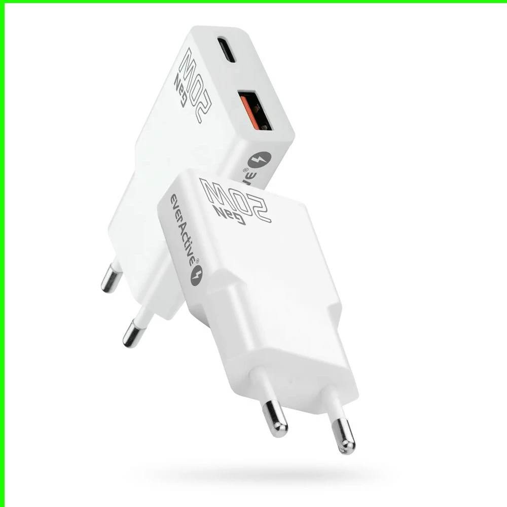 Stenski polnilec GaN super tanek, USB QC 3.0 + USB-C PD 20W, 1x USB-A + 1x USB-C, everActive SC-340Q, bel
