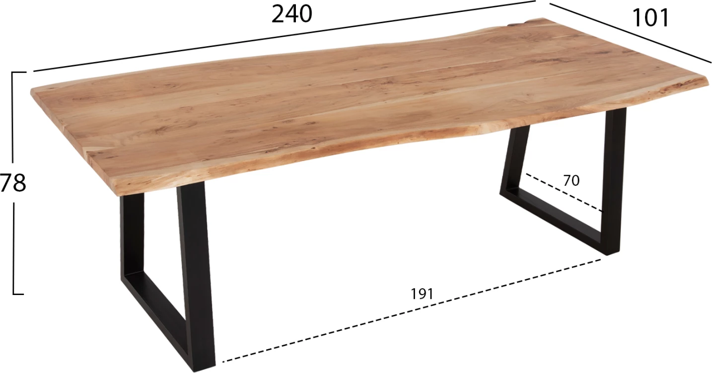 Jedilna miza MONTANA iz masivnega lesa akacije 240x101x78H cm. Debelina mizne plošče 3.5 cm