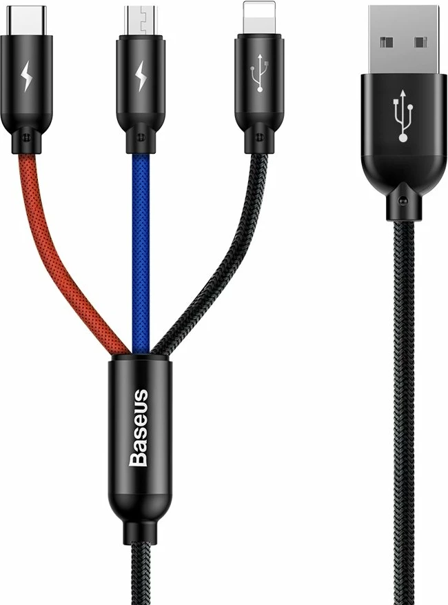 Kabel 3-v-1 v treh osnovnih barvah, Baseus Three Primary Colors CAMLT-BSY01, 1,2 m, USB-A na micro USB/Lightning/USB-C, črn/rdeč/moder