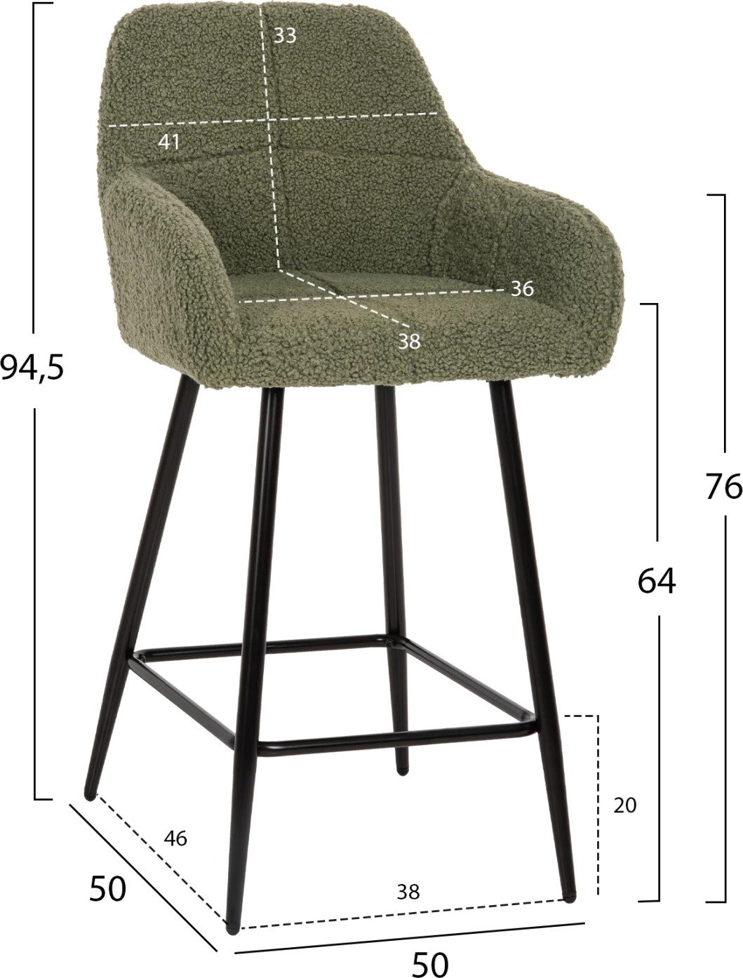 Barski stol srednje višine STRIKE FH8592.03 pistacija zelena tkanina TEDDY-črne kovinske noge 50x50x94,5Hcm, set 2 kosov