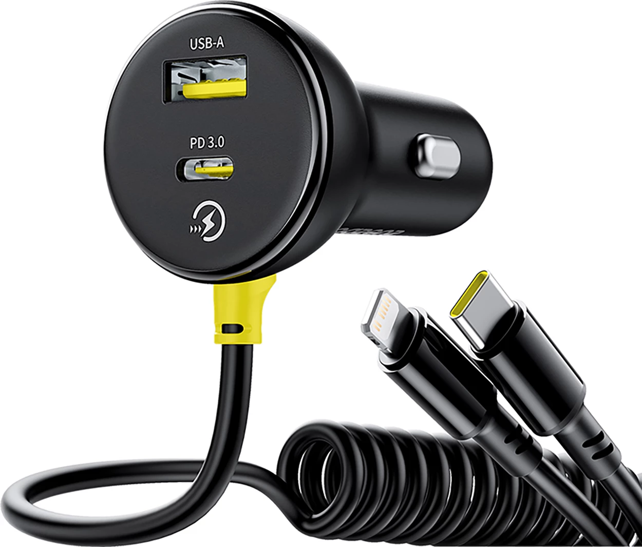 Hitri avto polnilec Baseus Circular, 60W, USB-A + USB-C, vgrajen kabel Lightning + USB-C 1,4 m, črn