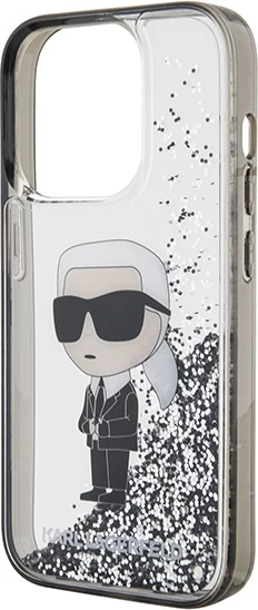 Ovitek za telefon Ikonični tekoči bleščice za iPhone 15 Pro, prozoren, Karl Lagerfeld