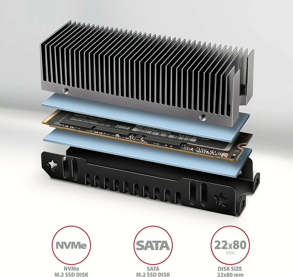 Pasivni hladilnik za SSD M.2 AXAGON CLR-M2XT, aluminij, za 2280, siv
