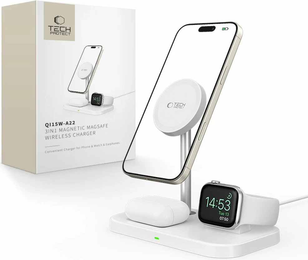 Indukcijski 3-v-1 polnilec z MagSafe za pametni telefon, Apple Watch in AirPods, Tech-Protect QI15W-A22, bel