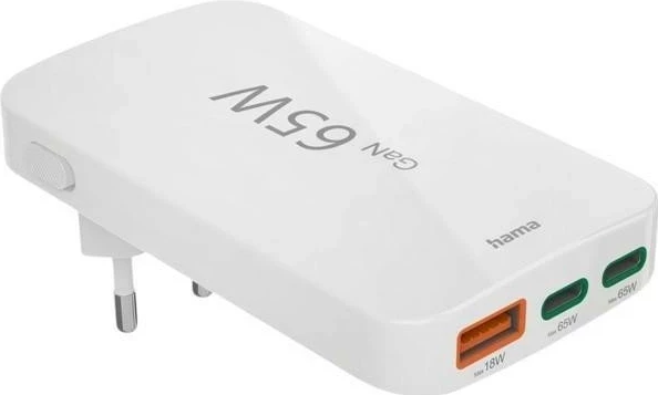 65W GaN polnilec Hama, 2× USB-C, 1× USB-A, bel